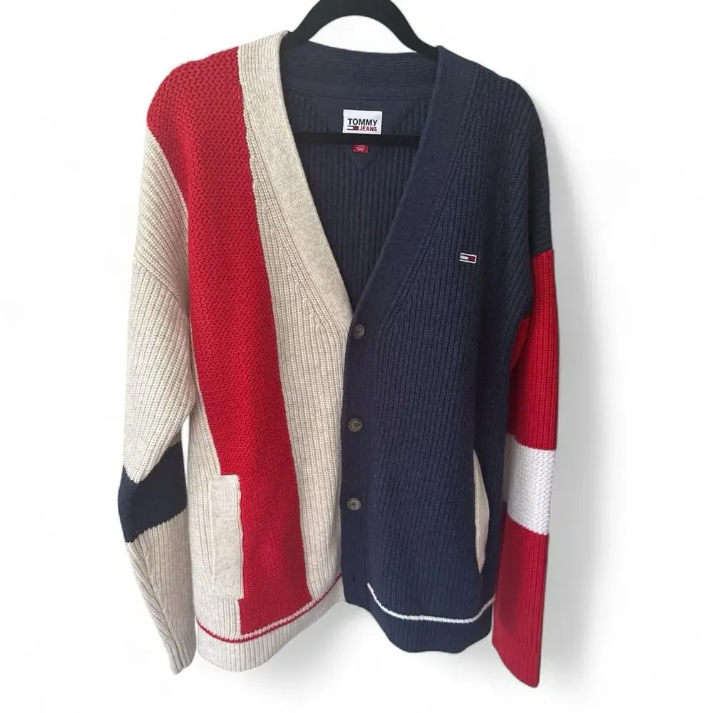 Tommy Jeans Colorblock Cardigan Sweater Mens XL Wool Blend Red Navy Cottage Core